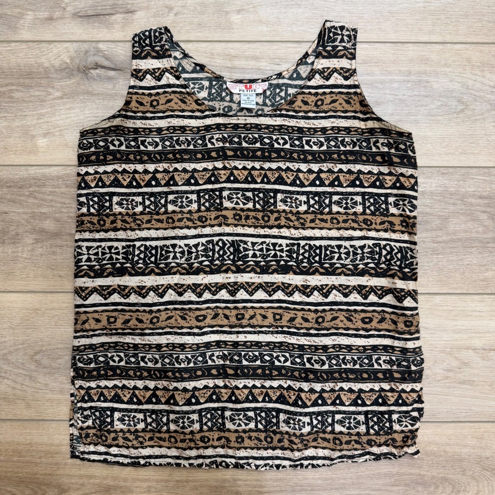 Stunt Petite Womens 100% Silk Tank Top Geometric Tribal Stripe Black Tan PS